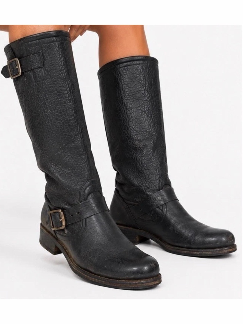 Frye Veronica Slouch Boots Black Leather Harness Engineer Boots Size 6